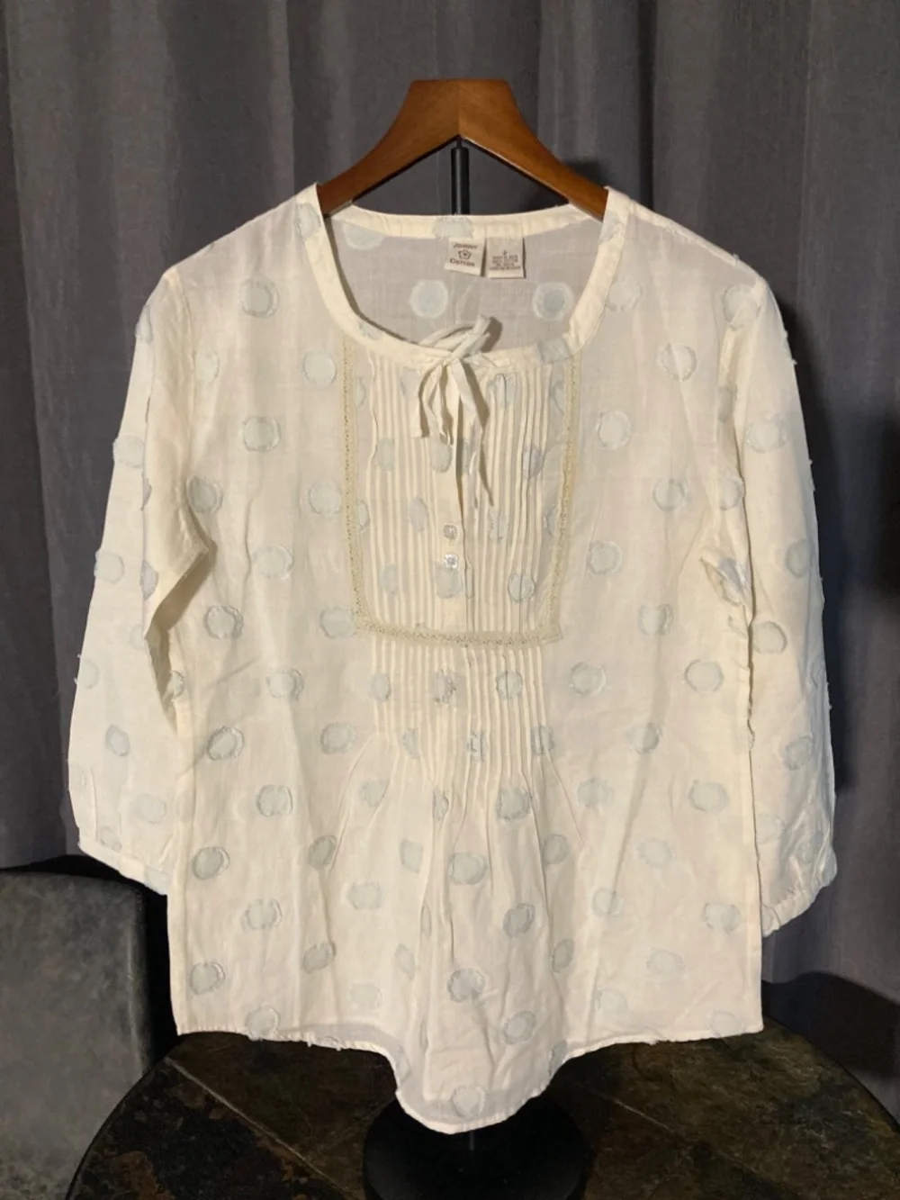 Johnny Cotton Breezy Blouse Boho Casual Coastal Cream and Blue Dots Sz S*